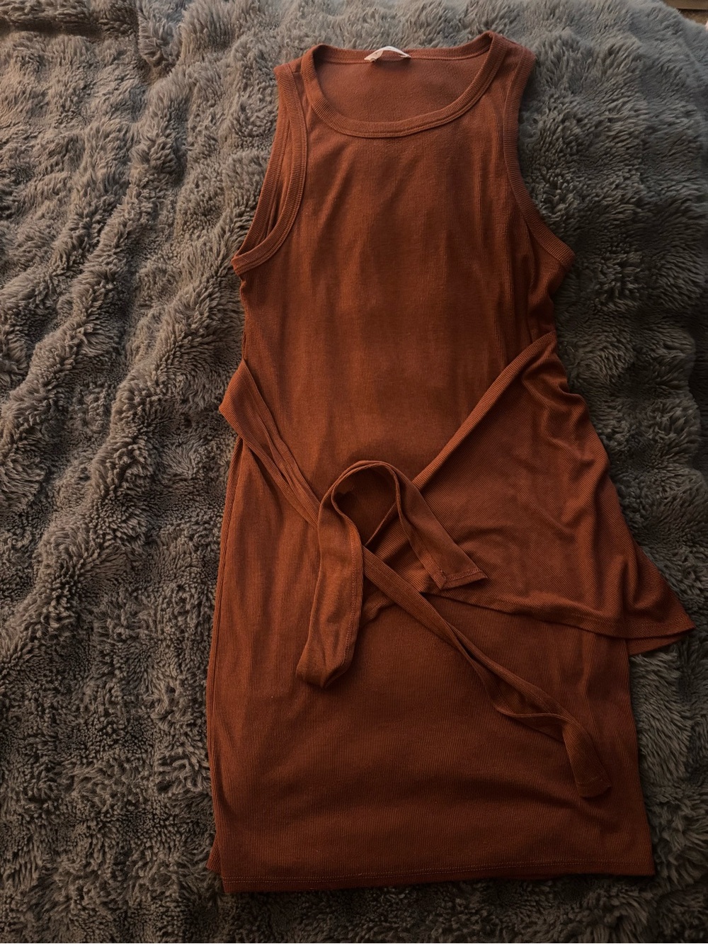 Kaileigh Rust Ribbed Sleeveless Tie Waist Midi Dress 29” P2P